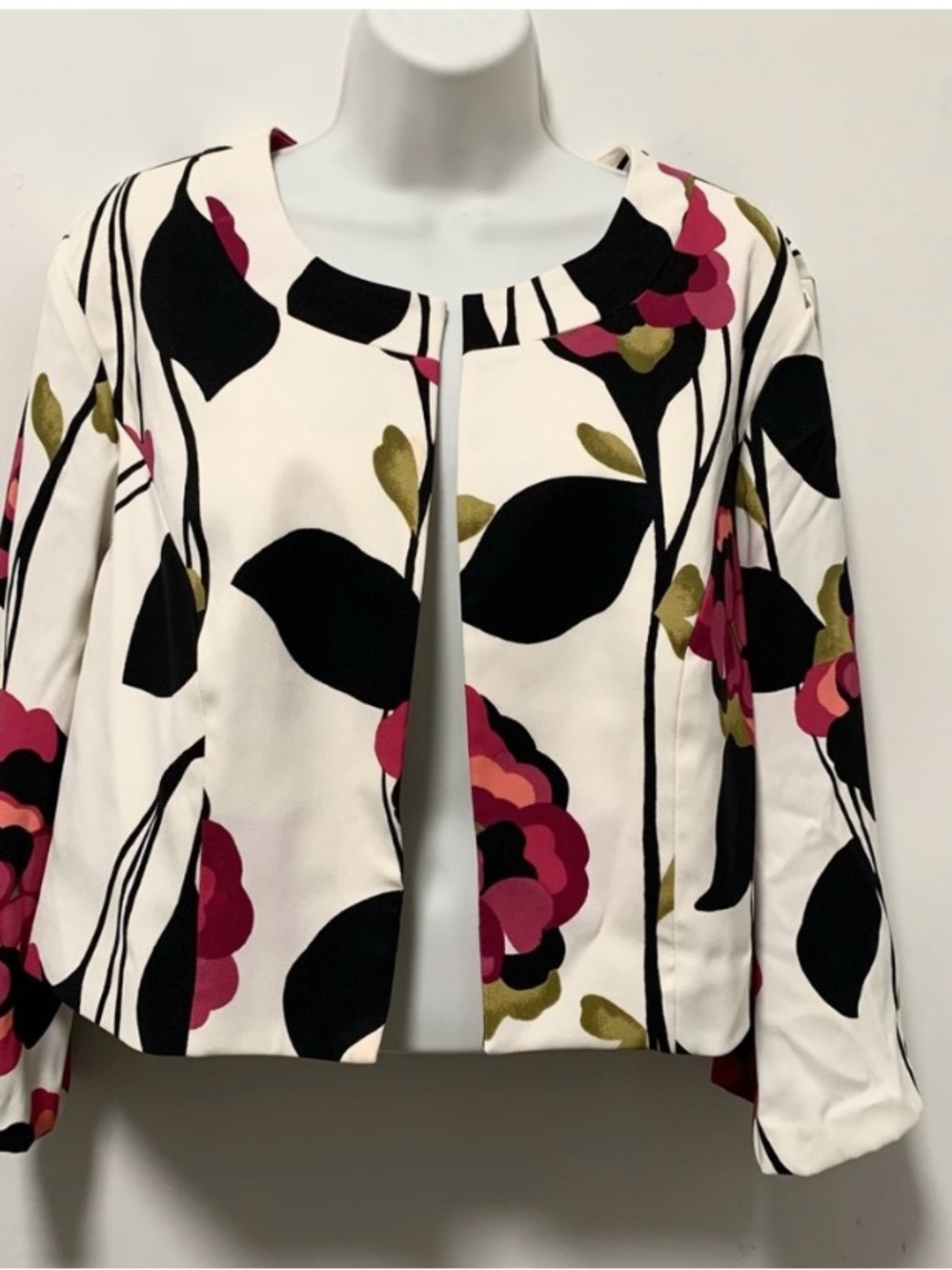 dressbarn White Open-Front Floral Jacket with Pink & Black Accents